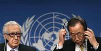 <p>O representante &agrave; S&iacute;ria, Lakhdar Brahimi, e o secret&aacute;rio-geral da ONU,&nbsp;Ban Ki-moon, em&nbsp;coletiva de imprensa em Montreux</p>  Foto: Gary Cameron / Reuters