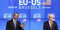 <p>O presidente dos EUA Barack Obama e presidente do Conselho Europeu Herman Van Rompuy participam de conferência de imprensa conjunta durante encontro UE-EUA, em Bruxelas, nesta quarta-feira, 26 de março</p>  Foto: Reuters