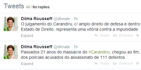 <p>A presidente Diilma Roussef, disse nesta quinta, que o julgamento do Massacre do Carandiru é "contra a impunidade".</p>  Foto: Twitter / Reprodução