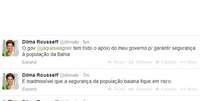 A presidente Dilma afirmou que vai ajudar o governador Jacques Wagner no combate à violência na Bahia  Foto: Twitter / Reprodução