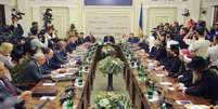 Vista geral da reunião que aconteceu em Kiev nesta quarta-feira entre líderes políticos pelo fim da crise no país  Foto: Reuters