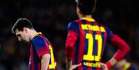 Neymar e Messi lamentam; temporada abaixo do esperado no Barcelona  Foto: Getty Images 