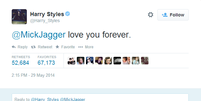 Harry Styles demonstrou toda sua admiração por Jagger em resposta ao tweet do líder dos Stones  Foto: Twitter / Reprodução