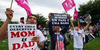 <p>Um cartazes, manifestantes valorizam o casamento entre homens e mulheres, sob frases como "cada criança merece um pai e uma mãe"</p>  Foto: AFP