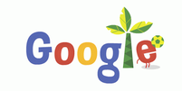O novo doodle mostra a letra E do Google fazendo embaixadinhas com uma bola verde e amarela  Foto: Google / Reprodução