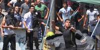 <p>Manifestantes palestinos atiram pedras em soldados israelenses durante um protesto contra a ação militar israelense em Gaza, na cidade de Hebron, em 15 de agosto</p>  Foto: Nasser Shiyoukhi / AP