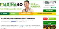 <p>De acordo com os responsáveis pelo site de Marina, essa é a segunda vez que isso acontece desde o início da campanha da candidata</p>  Foto: MarinaSilva.org / Reprodução
