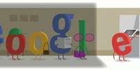 Na animação, as letras dos símbolos do Google aparecem na fila da zona eleitoral, com apenas a letra E dentro do biombo para realizar seu voto  Foto: Google / Divulgação