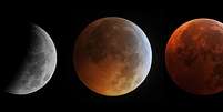 Estágios da Lua de Sangue: de eclipse parcial a total com a cor avermelhada  Foto: Getty/KAREN BLEIER / AFP