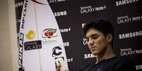 <p>Gabriel Medina durante anúncio de parceria com Samsung</p>  Foto: 