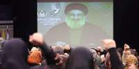 Líder do Hezbollah,  Sayyed Hassan Nasrallah, fala a apoiadores via vídeo em Beirute. 09/01/2015  Foto: Hasan Shaaban / Reuters