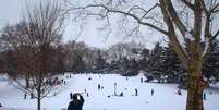 Homem tira foto do Central Park em Nova York após nevasca. 27/01/2015.  Foto: Carlo Allegri / Reuters