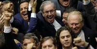 <p>Deputado Eduardo Cunha comemora vitória na eleição para a presidência da Câmara</p>  Foto: Ueslei Marcelino / Reuters