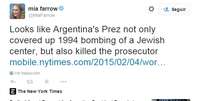 <p>Por meio do Twitter, Mia Farrow acusou a presidente da Argentina de assassinato.</p>  Foto: Twitter @MiaFarrow