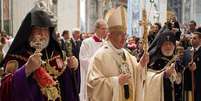 O papa Francisco durante celebração pelos 100 anos do "martírio armênio", no Vaticano, em 12 de abril  Foto: AP