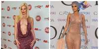 E, &eacute; &oacute;bvio que a lista ficaria incompleta sem nossa querida Rihanna. Esse vestido, j&aacute; visto e revisto milhares de vezes, est&aacute; aqui apenas para uma compara&ccedil;&atilde;o com o modelito, decotado sim, mas bem mais comportado de Darryl Hanah.    Foto: Ethan Miller/Dimitrios Kamborius / Getty Images