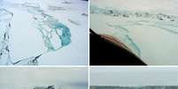 Fotos aéreas de fevereiro e março de 2002 da plataforma de gelo Larsen B, na Antártida.  Foto: STR New / Reuters