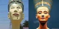 R&eacute;plica de Nefertiti feita no Egito e busto famoso da rainha: usu&aacute;rios na internet criticaram escultura 'feia'  Foto: Reprodu&ccedil;&atilde;o / BBC News Brasil