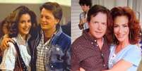 Os atores Claudia Wells (que interpretava Jennifer Parker) e Michael J. Fox (Marty McFly) posam juntos em dois momentos distintos: 1985 (à esq.) e em julho de 2015  Foto: @Claudia Wells / Facebook/Reprodução