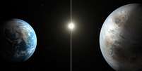 Ilustração compara a Terra (esq.) ao Kepler-452b (dir.)  Foto: NASA/JPL-Caltech/T. Pyle / Divulgação