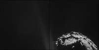 Montagem de quatro imagens feitas a 26,3 km do cometa Chury, que tem um núcleo de cerca de 4 km de diâmetro. A atividade no "pescoço" do cometa (centro da foto) é formada por gelos e gases que escapam do interior do cometa e geram correntes de poeira no espaço.  Foto: Agência Espacial Europeia - ESA