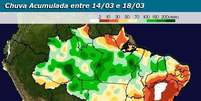 O mapa mostra os volumes de chuva previstos para o Brasil até o dia 18 de março. Os tons de verde representam volumes da ordem de 100 mm acumulados em cinco dias.  Foto: 