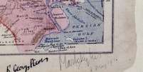 O mapa de 1916 , com as assinaturas dos diplomatas Mark Sykes e Francois Georges-Picot   Foto: BBC Brasil