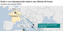 Gráfico mostra os trajetos do avião da EgyptAir nas 24 horas anteriores ao acidente  Foto: Flighradar24 / BBCBrasil.com