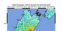 Mapa mostra local do epicentro do terremoto de 7,4 graus que atingiu a Nova Zelândia  Foto: EFE