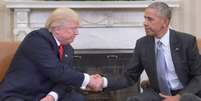 Trump e Obama durante encontro após a confirmação da vitória do empresário nas eleições presidenciais de 2016  Foto: Getty Images