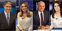 William Bonner, do 'JN', Rachel Sheherazade, do 'SBT Brasil', Ricardo Boechat, do 'Jornal da Band', e Adriana Araújo, do 'JR': em alta no Ibope  Foto: Instagram Globo / SBT / Band / Record / Reprodução