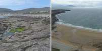 O antes e depois da praia de Dooagh: à esquerda, como ela ficou após as tempestades de 1984; à direita, a nova praia que surgiu no local.  Foto: Achill Island Tourist Office/Sean Molloy / BBC News Brasil