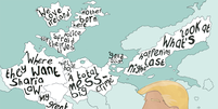 Desenho de Trump sobre um mapa da Europa  Foto: BBC News Brasil