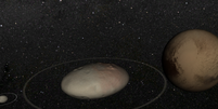O planeta anão Haumea, Plutão à direita e a lua de Haumea, Chariklo à esquerda  Foto: Agência Brasil