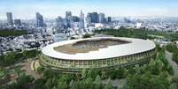 O novo estádio olímpico de Tóquio, que receberá as cerimônias de abertura e encerramento, as competições do atletismo e as finais do futebol (Crédito: Divulgação)  Foto: LANCE!