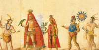 Aquarela sobre pergaminho mostra índios brasileiros, um deles com um manto tupinambá; mantos conhecidos estão em museus da Europa  Foto: BBC News Brasil