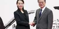 A norte-coreana Kim Yo-jong em encontro com o presidente da Coreia do Sul, Moon Jae-in.  Foto: DW / Deutsche Welle