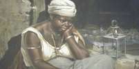 Pintura 'Negra Quitandeira', de Antonio Ferrigno; indument&aacute;ria mal&ecirc; teria dado origem ao turbante branco usado no candombl&eacute; e na umbanda  Foto: Antonio Ferrigno (c.1900) / BBC News Brasil