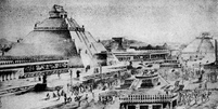 A capital dos astecas e sua grande pirâmide  Foto: Gravura de Ignacio Marquina / Reprodução