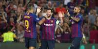 Messi comemora gol com Suárez e Vidal no Camp Nou, 18/9/2018  REUTERS/Sergio Perez   Foto: Reuters