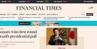 Jornal britânico Financial Times deu destaque em sua página inicial para a apuração das eleições presidenciais no Brasil.   Foto: Reprodução/Financial Times / Estadão