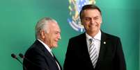 O ex-presidente da República, Michel Temer (MDB), e o presidente Jair Bolsonaro durante declaração conjunta no Palácio do Planalto, em Brasília  Foto: ERNESTO RODRIGUES / Estadão Conteúdo