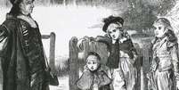 Em ilustração, puritano repreende crianças por idolatria e por colher azevinho para o Natal  Foto: Getty Images / BBC News Brasil