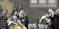 Ilustração de artista desconhecido, de 1826, mostra o ato de união entre a Inglaterra e a Escócia sendo lido diante da rainha Anne em 1707  Foto: Getty Images / BBC News Brasil