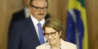 A ministra da Agricultura, Tereza Cristina, e o Secretario de Assuntos Fundiários do Ministério da Agricultura, Nabhan Garcia, durante declaração conjunta do presidente da Argentina, Mauricio Macri, e o presidente brasileiro Jair Bolsonaro, no Palácio do Planalto, em Brasília  Foto: Dida Sampaio / Estadão