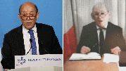 O verdadeiro Jean-Yves Le Drian está à esquerda na foto enquanto o fake Le Drian aparece à direita  Foto: Getty Images / BBC News Brasil