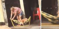 Cadela aproveita rede de balanço enquanto a sua tutora varre a calçada de casa.  Foto: Twitter / @fortalezaordinaria / Estadão Conteúdo