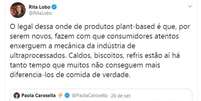 Comentário de Rita Lobo sobre posicionamento de Paola Carosella a respeito do hambúrguer vegetal.  Foto: Twitter/@RitaLobo / Estadão