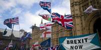 Manifestantes eurocéticos em frente ao Parlamento do Reino Unido, em Londres  Foto: EPA / Ansa - Brasil