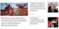 Clarín publicou texto de correspondente no Brasil e fala do presidente argentino recém-eleito, que comemorou possibilidade de soltura de Lula  Foto: Reprodução / BBC News Brasil